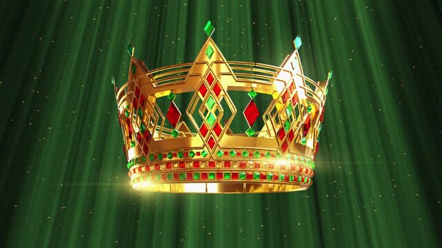 oyal seamless loop of a luxury king crown decorated with big precious gemstones. Golden majestic tiara sparkling against a soft elegant curtain background, concept for royalty, wealth and success