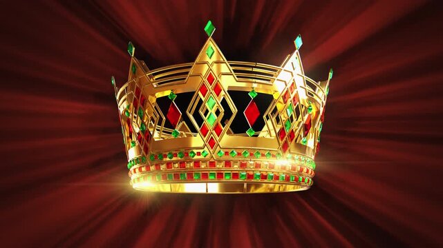 oyal seamless loop of a luxury king crown decorated with big precious gemstones. Golden majestic tiara sparkling against a soft elegant curtain background, concept for royalty, wealth and success