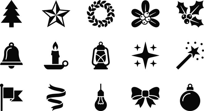 Set of black christmas holiday icons including tree star wreath holly bell candle lantern spark magic wand ribbon bow and bauble ornament for festive winter season graphic design projects