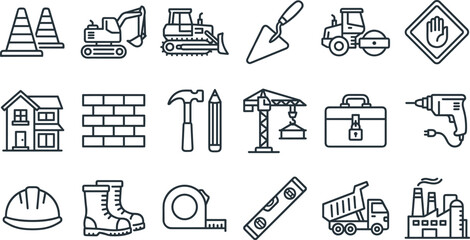 Set of construction and heavy machinery linear icons featuring excavator bulldozer house brick wall crane tools and industrial factory symbols vector illustration © Mehedi