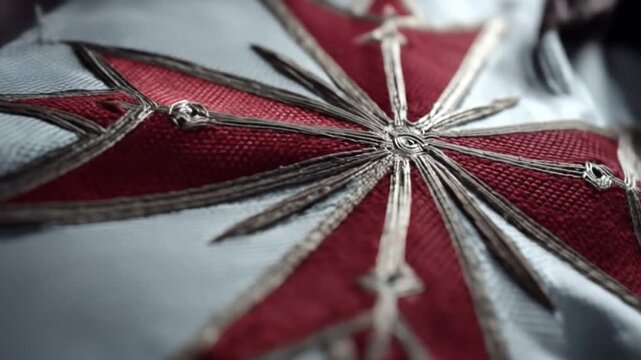 Intricate textile detail with red and gray starburst design, stitched onto light blue fabric