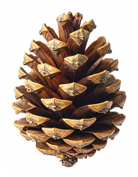 A detailed, close-up view of a brown, textured pinecone against a white background