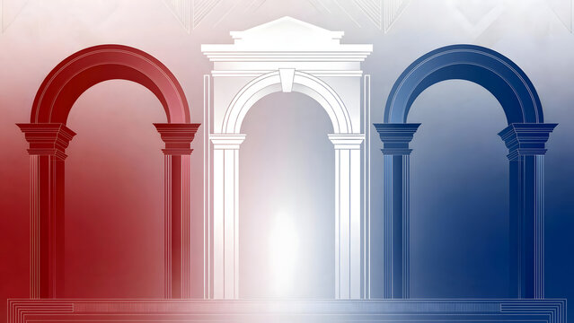 French Bastille Day Background with Classical Arches in Blue White and Red, Elegant Architectural Vector Illustration for National Celebration