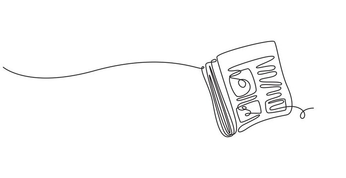 Animated self drawing of continuous line draw stack of news newspapers with cup of coffee.  Full length one line animation. 4K, newspaper continuous one line drawing animation