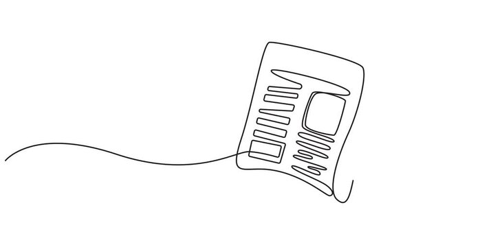 Animated self drawing of continuous line draw stack of news newspapers with cup of coffee.  Full length one line animation. 4K, newspaper continuous one line drawing animation