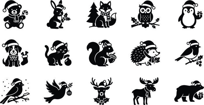 Set of cute christmas animals wearing santa hats and winter scarves in black silhouette style
