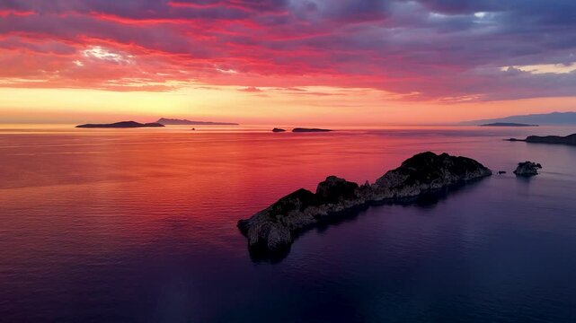 Scenic sunset over the Ionian sea islands of Corfu