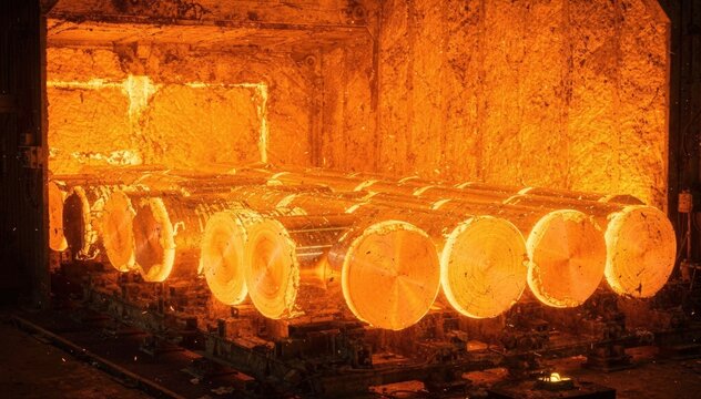 Medium shot of a loaded aluminum billet homogenizing furnace with glowing billets arranged inside highlighting the intense heat treatment process before extrusion.