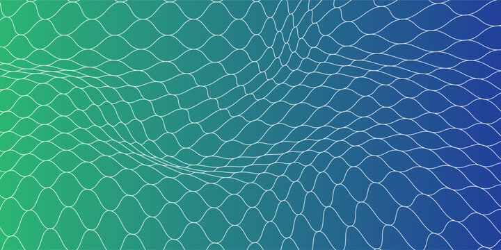 Abstract green and blue gradient background with distorted white wireframe wave pattern