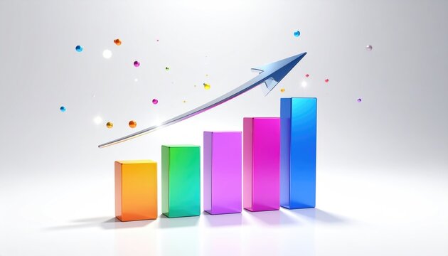 Colorful bar graph with upward arrow and floating spheres, symbolizing growth