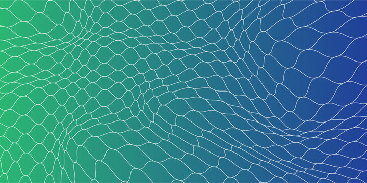 Abstract green and blue gradient background with distorted white wireframe wave pattern