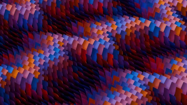 Seamless loop background with abstract wavy field of smoothly flowing colorful rectangular elements. Dynamic mosaic landscape with geometric surface in vibrant blue orange and purple tones. 4K 60fps
