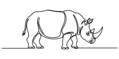 Continuous single line drawing of a rhinoceros standing in profile © Tumpa
