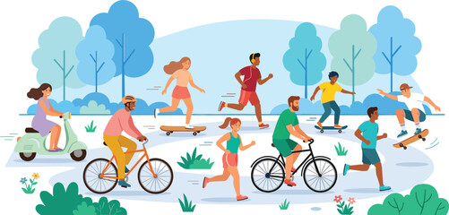 Active people enjoying outdoor sports in public city park riding bicycles running skateboarding and driving scooter flat vector illustration on white background © MdSaddam