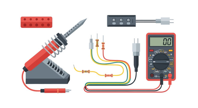 Electronics Repair Tools and Components Set with Soldering Iron and Digital Multimeter Illustration