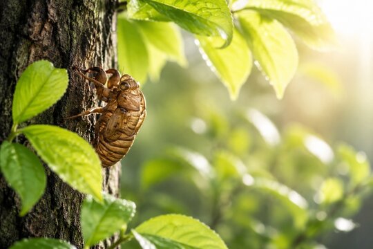 Empty cicada shell on tree bark with green leaves, symbolic transformation in soft morning light.