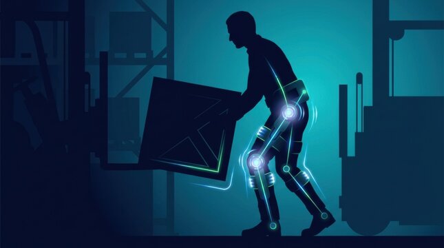 A worker lifts a heavy box while wearing an exoskeleton in an industrial environment that shows smart safety technology in action