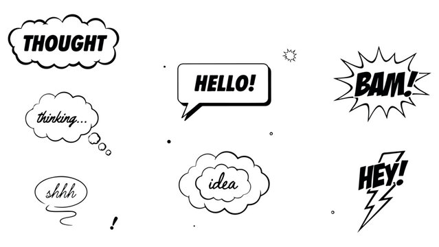 Comic book style speech bubbles and thought clouds with various exclamations and words.
