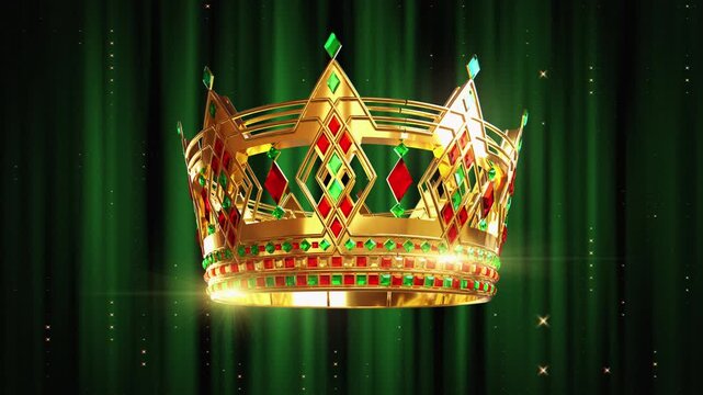 oyal seamless loop of a luxury king crown decorated with big precious gemstones. Golden majestic tiara sparkling against a soft elegant curtain background, concept for royalty, wealth and success