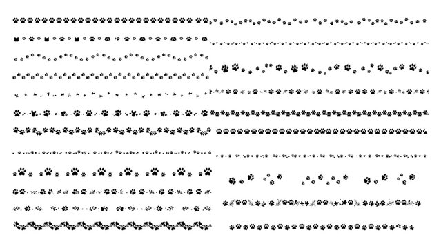 Animal paw print border collection featuring cat and dog track patterns for creative design.