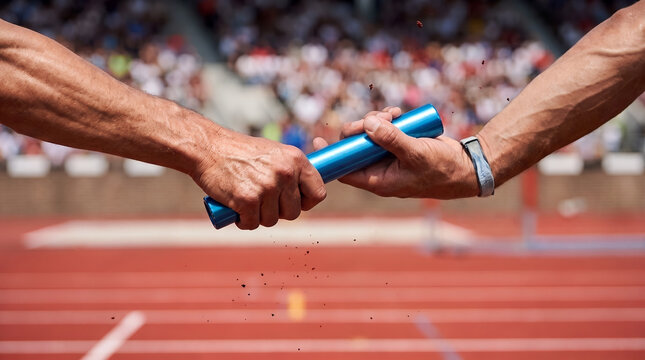 Athletic relay race handover with runners passing the blue baton on the track athletes handover competition teamwork athletics training exercise cooperation