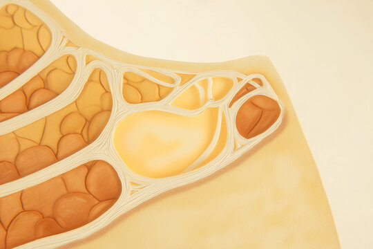 Adipose tissue lobules cross section with fat cells and connective tissue septa in warm amber gold tones on soft cream background
