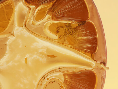 Kidney cross section with renal pyramids medulla and branching calyces in warm amber gold tones on soft cream background
