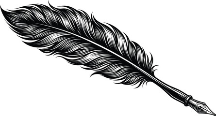 Vintage feather quill pen, classic antique writing instrument, retro ink fountain nib, literature poetry concept icon isolated white background © MstSumi