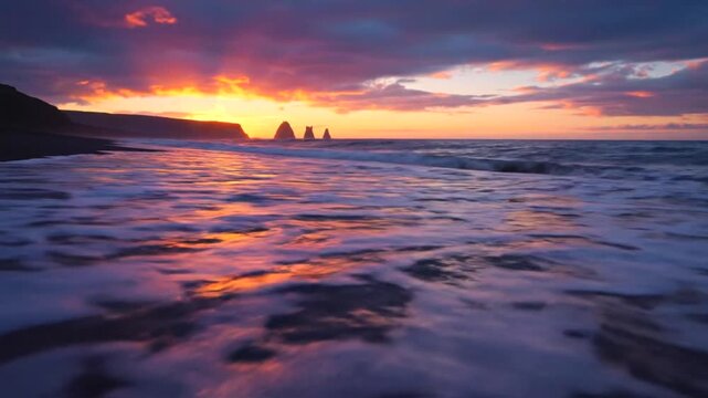 Stunning sunset over Reynisfjara black sand beach with sea stacks in Iceland.