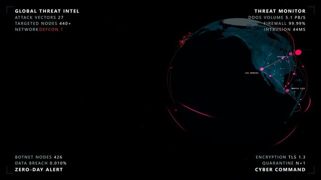 Final broadcast hold providing a cyber warfare globe featuring a glowing cyan and magenta digital earth with threat vectors inside a clean space for logo integration, panoramic view.