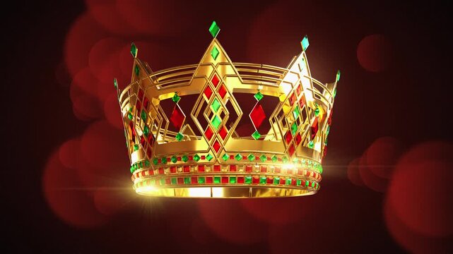 oyal seamless loop of a luxury king crown decorated with big precious gemstones. Golden majestic tiara sparkling against a soft elegant curtain background, concept for royalty, wealth and success