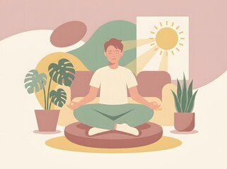 Fototapeta premium Young Adult Practicing Mindfulness Meditation in Cozy Home Interior