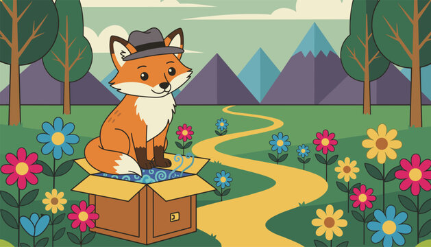 Cute cartoon red fox wearing a gray fedora hat sitting on a cardboard box in a colorful flower field.