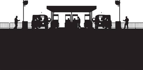 Obraz premium Bus stop, silhouette of people and vehicles black