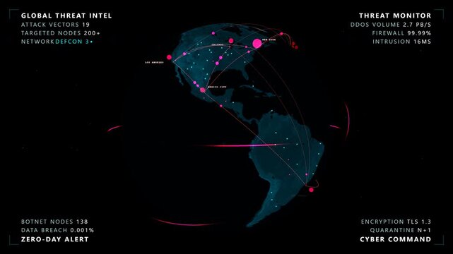 Stationary broadcast camera capturing a cyber warfare globe featuring a glowing cyan and magenta digital earth with threat vectors inside a slowly rotating global network, panoramic view.