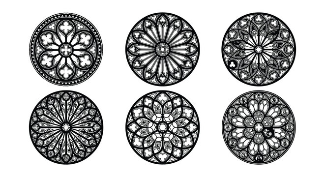 Gothic rose window patterns black vector illustration on white background