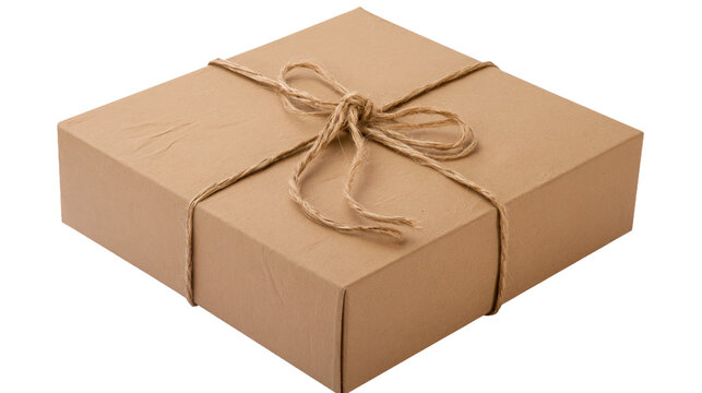 Brown cardboard gift box tied with rustic twine string on transparent background isolated for PNG web projects