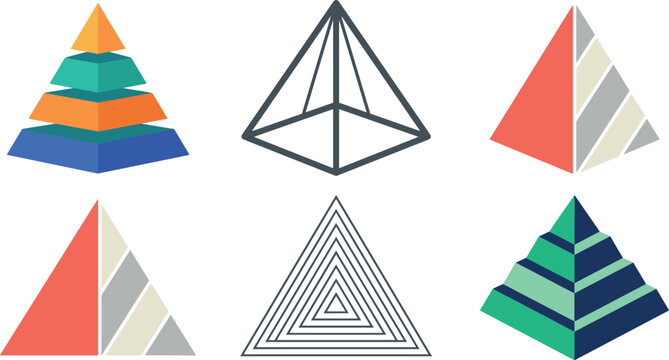 Abstract geometric pyramid vector icons set with isometric 3D charts wireframes and layered infographic triangle shapes isolated on white background for business presentation