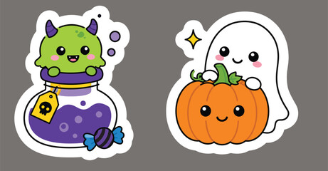 Fototapeta premium Cute Halloween Potion Monster and Ghost Pumpkin Sticker Vector Set