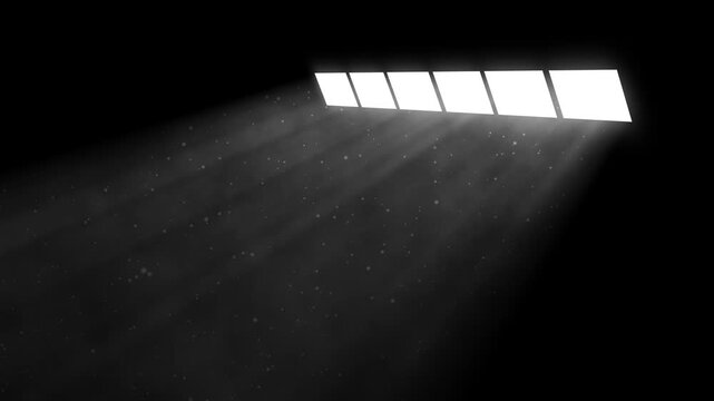 Volumetric light beam shining through a square window. White monochrome god rays with floating dust particles overlay on black background.