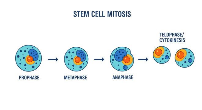 Stem cell mitosis process diagram showing cellular division stages