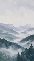 Fototapeta premium Misty mountain landscape scenery with pine forest valley. Digital background for smartphone screen with negative space for ui widget and clock. Minimalist natural desktop wallpaper.