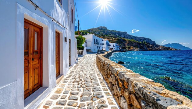 Cobblestone path beside white buildings leads to turquoise sea