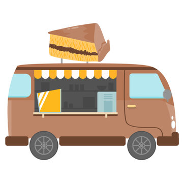 Cartoon food truck with a piece of sweet martabak cake.