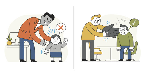 Cartoon illustration showing examples of inappropriate touching and personal boundary violations in a modern office workplace.