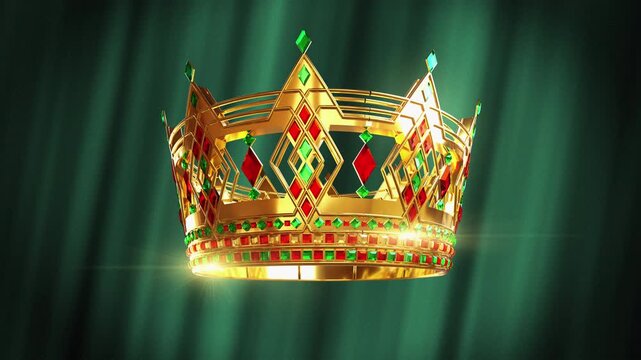 oyal seamless loop of a luxury king crown decorated with big precious gemstones. Golden majestic tiara sparkling against a soft elegant curtain background, concept for royalty, wealth and success