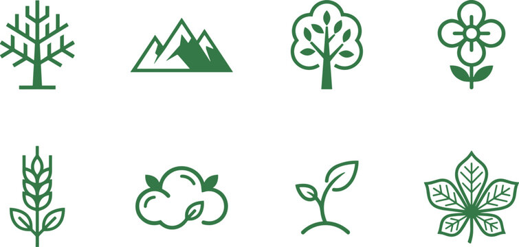 Green nature and ecology line icon set featuring simple vector symbols for trees mountains flower wheat cloud sprout and leaf elements