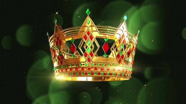 oyal seamless loop of a luxury king crown decorated with big precious gemstones. Golden majestic tiara sparkling against a soft elegant curtain background, concept for royalty, wealth and success