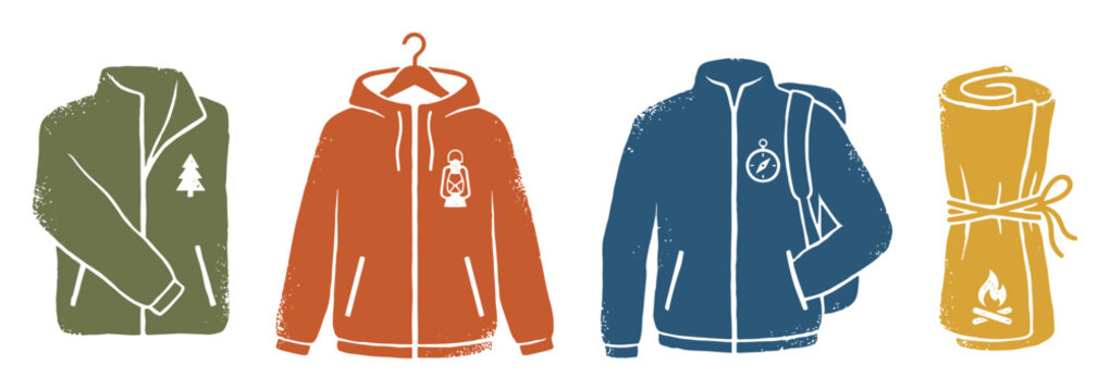 Flat colored outdoor camping apparel and gear illustration set with jackets, hoodie, blanket. Use for adventure travel blogs, wilderness guides