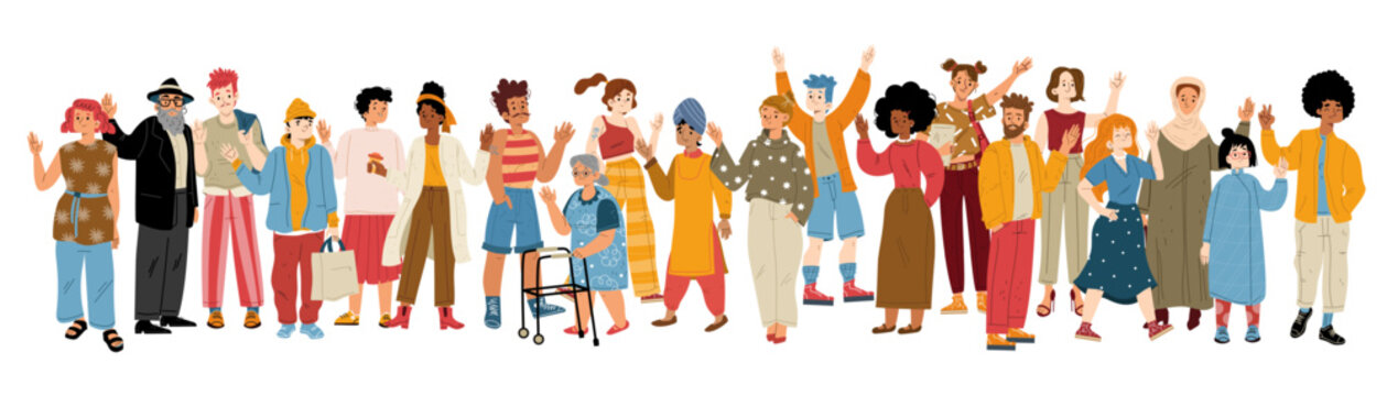People crowd, diverse characters waving hand